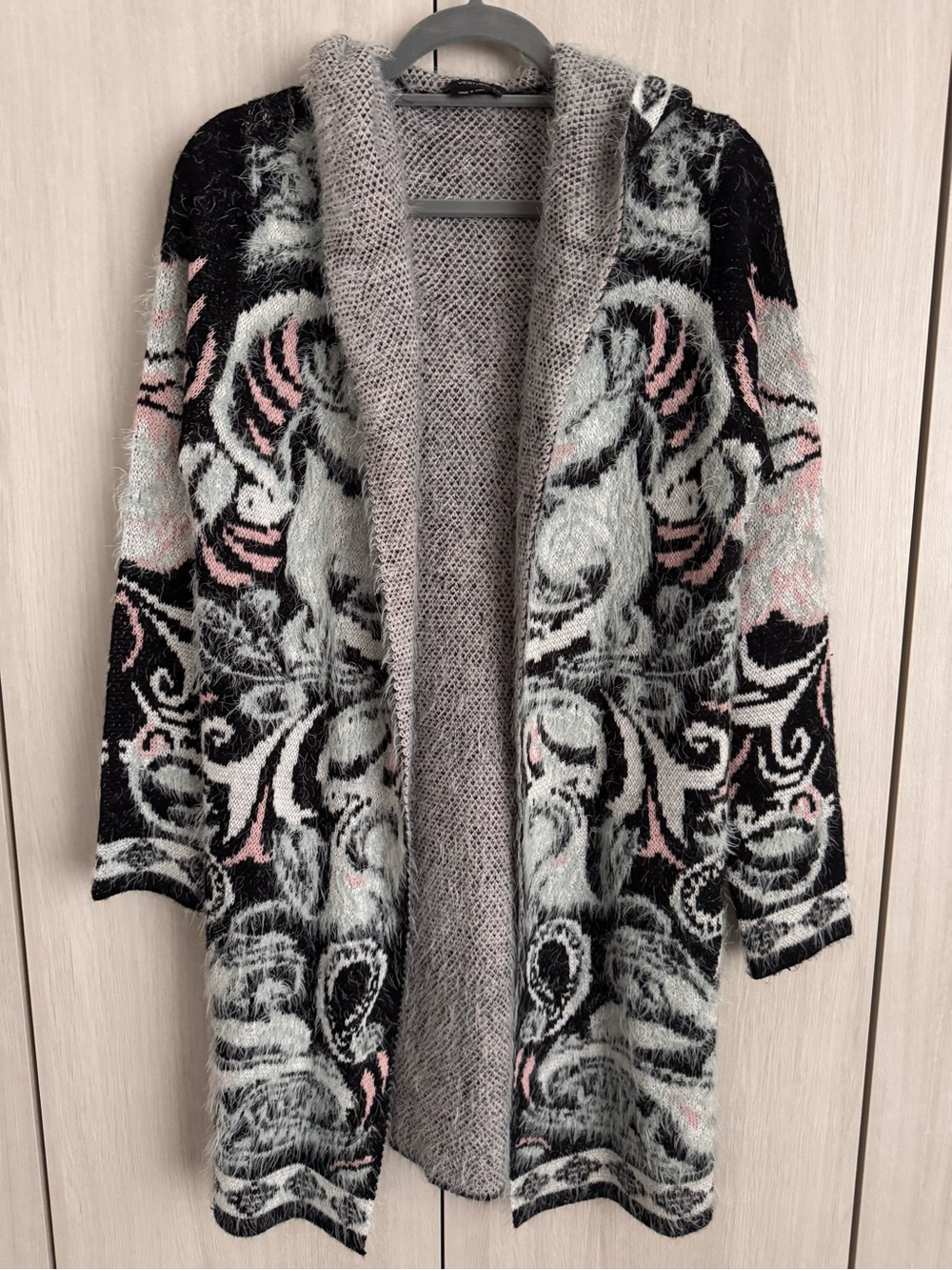 Vertigo Paris Open-Front Longline Cardigan in Black, Gray & Pink So Soft